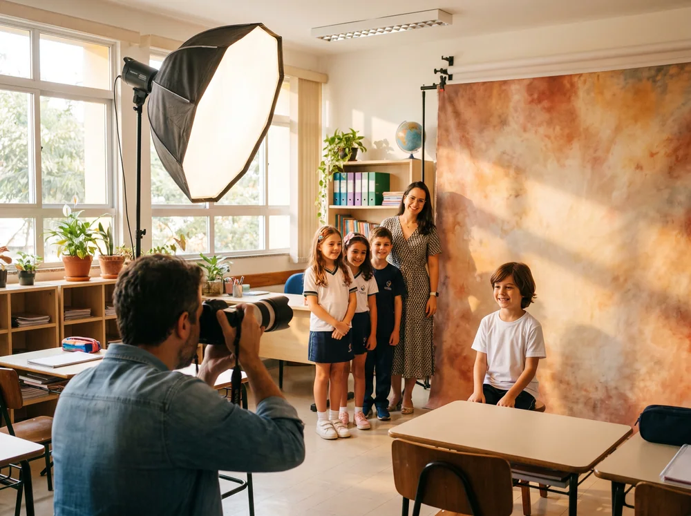 Dia da foto numa escola: estúdio montado na sala de aula, uma criança sendo fotografada e a turma esperando com a professora. Cena ilustrativa.