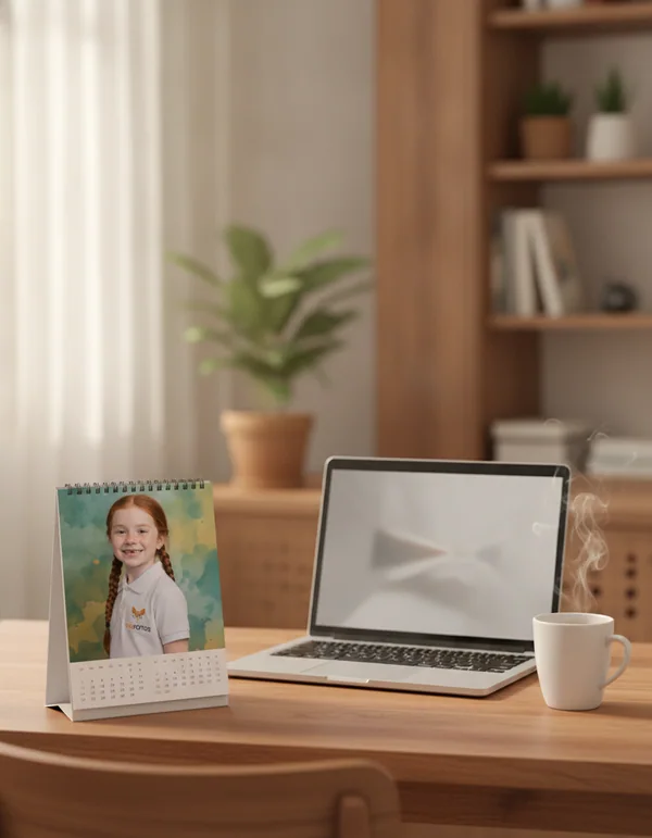 Calendário de mesa com o retrato de uma criança, ao lado do notebook.