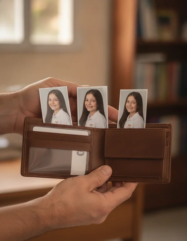 Três fotos pequenas numa carteira de couro, nas mãos do pai.