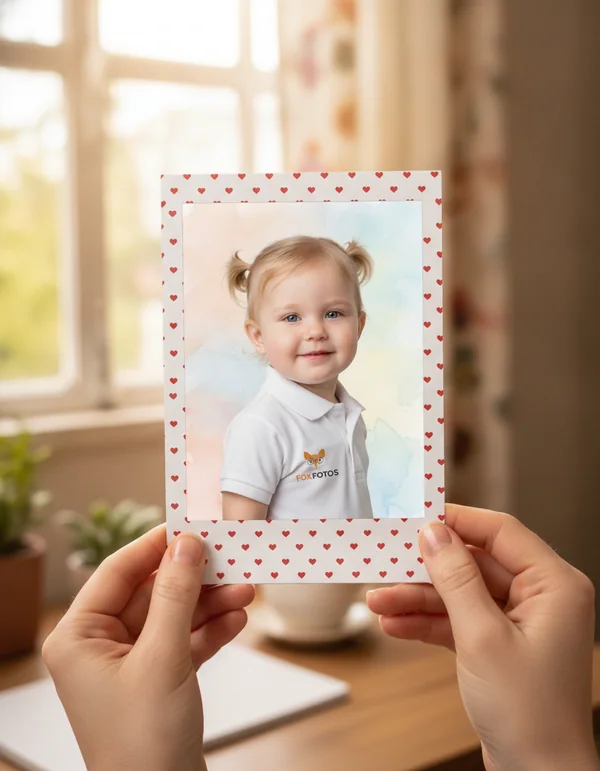 Foto com moldura de coraçõezinhos de uma bebê, nas mãos da mãe.
