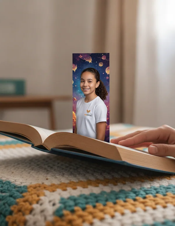 Marca-página com o retrato de uma menina dentro de um livro aberto.