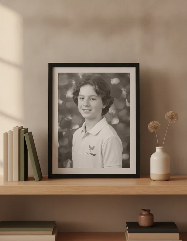 Retrato em preto e branco de um menino num quadro preto, na estante.
