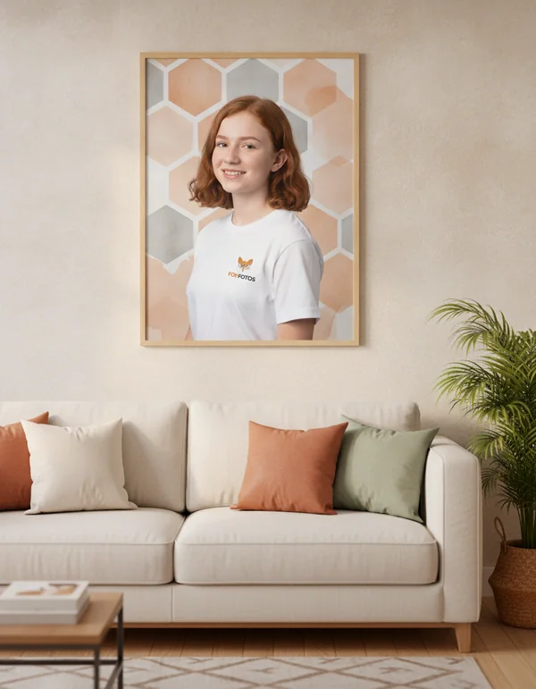 Poster com o retrato de uma adolescente na parede da sala.